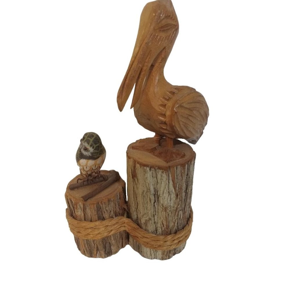 Wooden Carved Pelican Owl Figurine Pilings Driftwood Posts Coastal Home Decor
